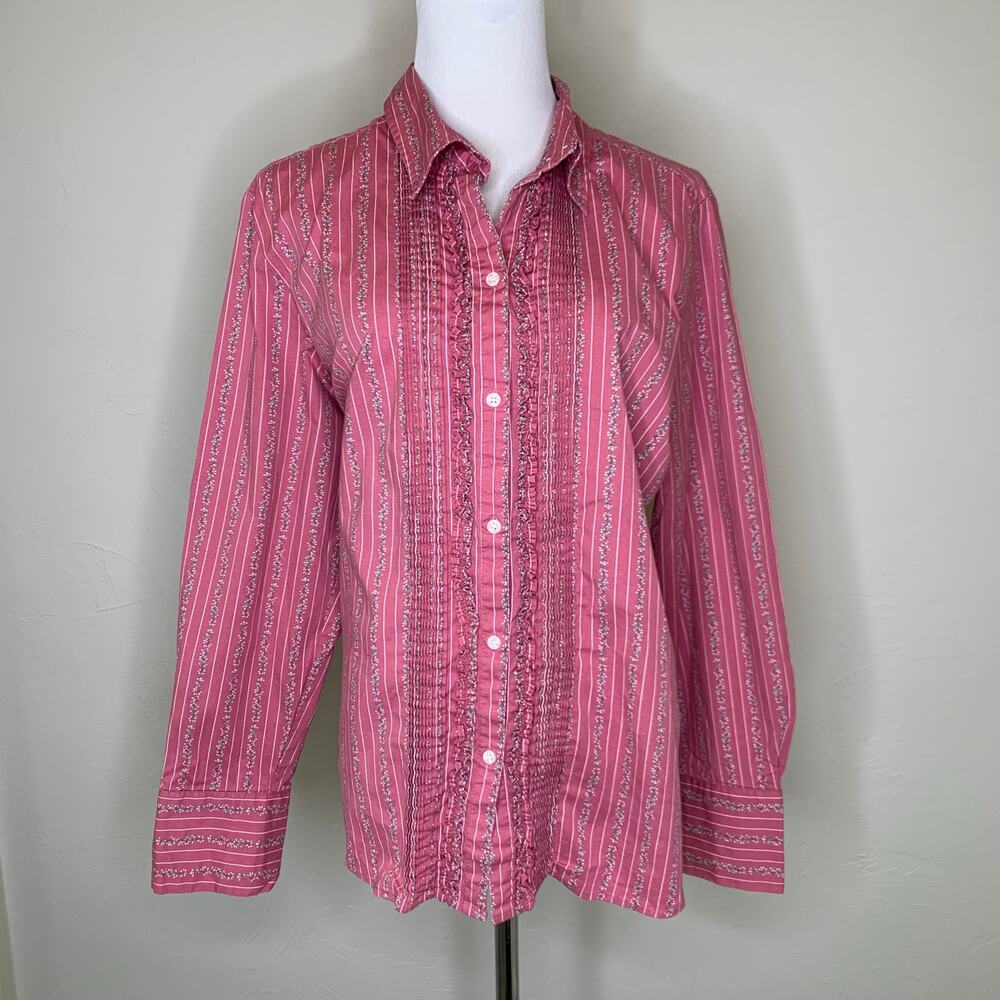 Vintage Cotton Floral Stripe Button Up Ruffle Pintucking Sz XL